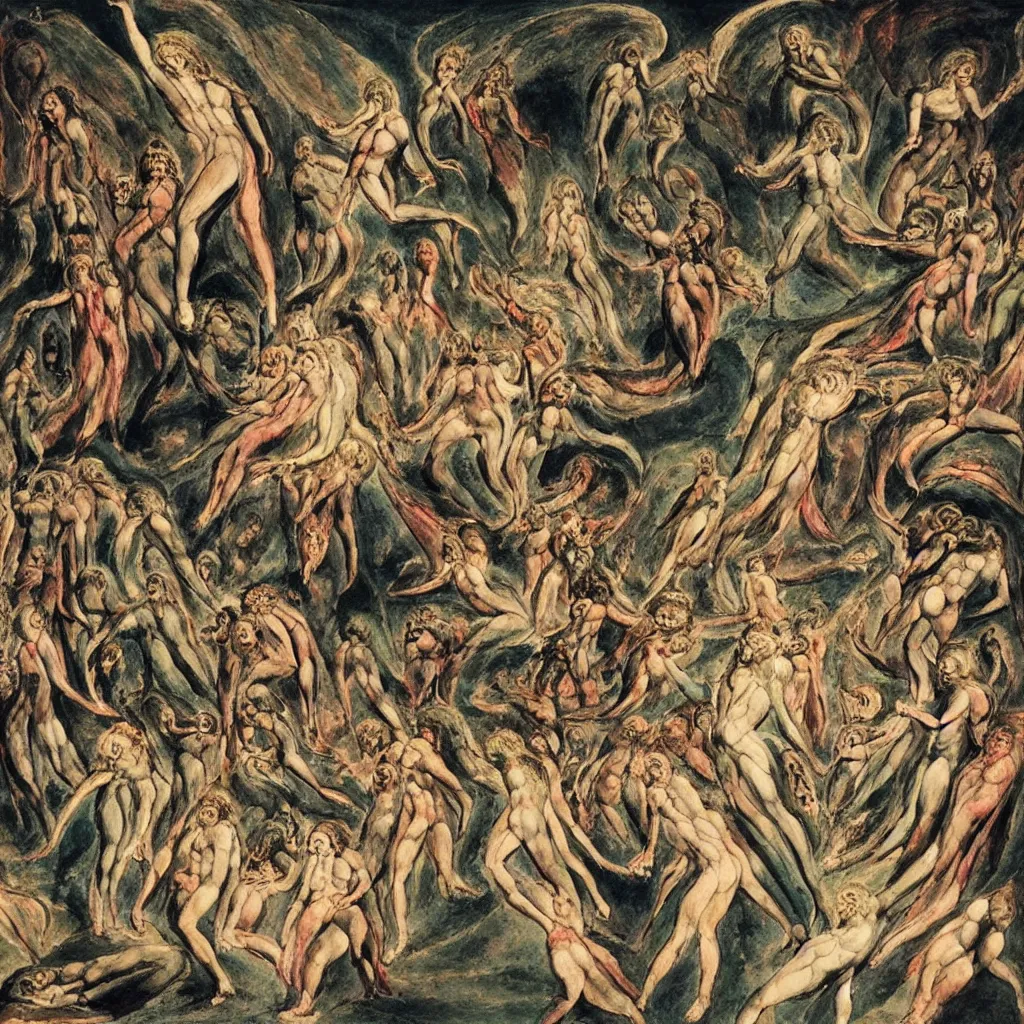 Prompt: apocalyptic rave party with demons and angels dancing, painted by william blake but with a certain psychedelic style