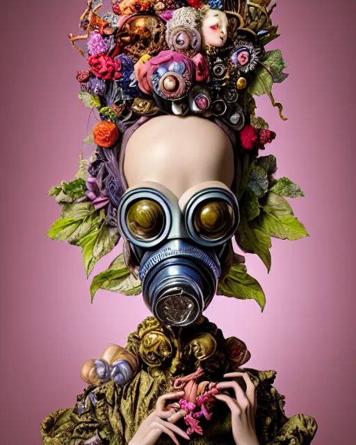 Prompt: a maximalist biomorphic portrait with with large eyes, expressive, wearing a botanical gas mask, baroque, by ayami kojima, mark ryden, caravaggio and arcimboldo, surrealism by dali, hauntingly surreal, statue, high fashion, focus on head, soft light, 4 k, octane high quality render