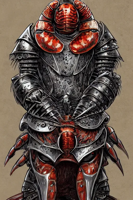 Image similar to human warrior, lobster themed armour, hermit crab, symmetrical, highly detailed, digital art, needles, sharp focus, trending on art station, kentaro miura manga art style