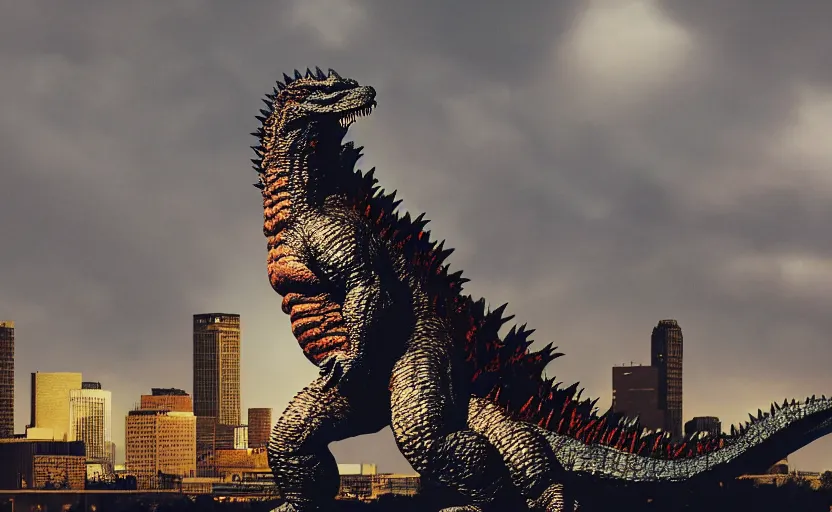 Image similar to photograph of Godzilla in Columbus Ohio, one point perspective, 1-point perspective, tilt shift, sigma 85mm f/1.4, 4k, depth of field, high resolution, 4k, 8k, hd, full color