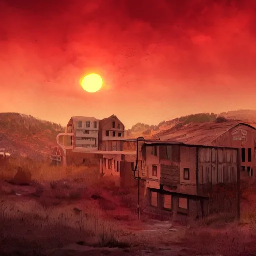 Prompt: photo of abandoned town, red sky, glowing red sun, concept art