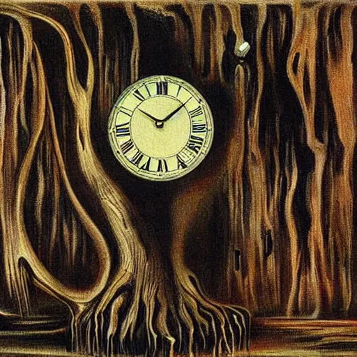 Image similar to a melted clock over a dead tree by salvador dali