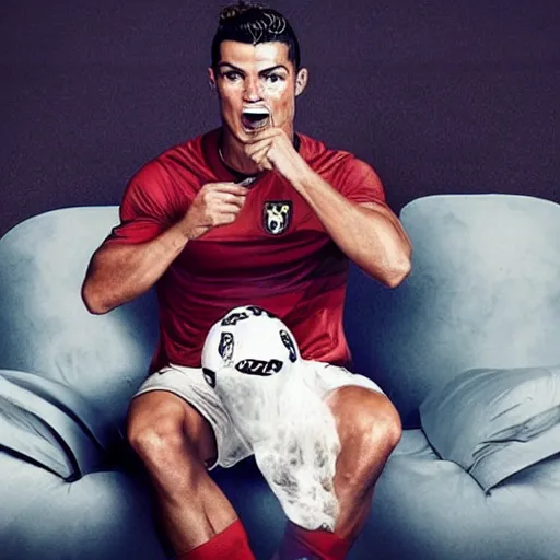 Image similar to a promo portrait of cristiano ronaldo crying sitting in a sofa, eating a bucket of ice cream,