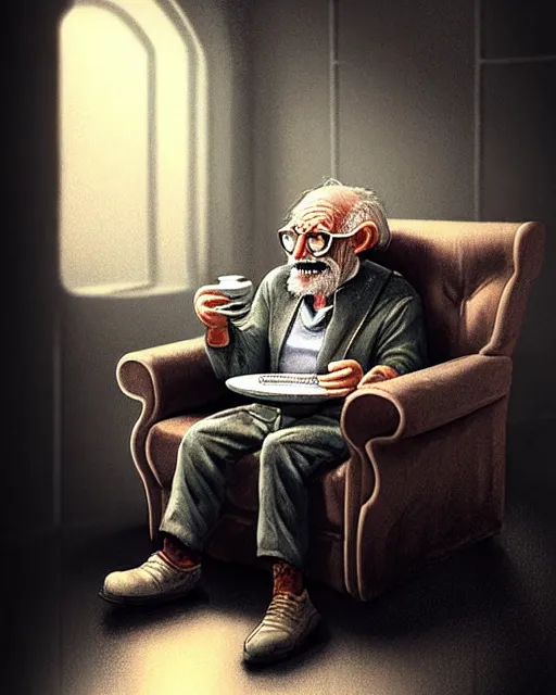 Image similar to old man sat eating cake and drinking a cup of tea in a large comfy chair in a padded cell, ultra realistic, concept art, intricate details, highly detailed