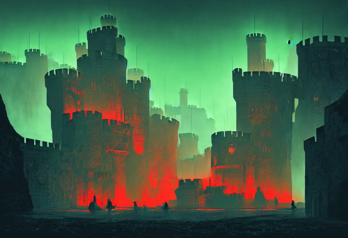 Prompt: handmade illustration of sieged small medieval castle, line art, octane render with volumetric lighting, watercolor by Kilian Eng and by Jake Parker,, futurisitic boxing gym weight room in bladerunner dystopia future, neon radioactive swamp