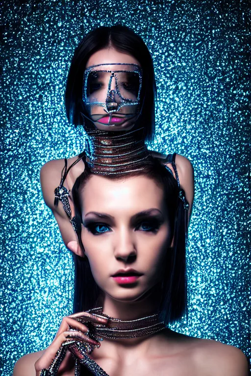 Image similar to beautifull cyberpunk woman model, wearing crystal armor, cables, luxury materials, symmetrical, cinematic, elegant, professional studio light, real dlsr photography, sharp focus, 4 k, ultra hd, sense of awe, high fashion