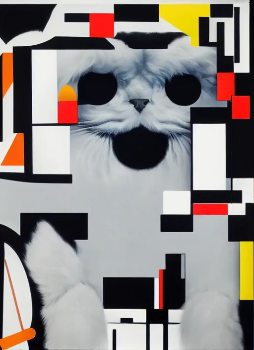 Image similar to futuristic fine lasers tracing, fluffy selkirk rex longhair cat, by steven meisel, kaws, rolf armstrong, mondrian, kandinsky, perfect geometry abstract acrylic, octane hyperrealism photorealistic airbrush collage painting, dark monochrome, fluorescent colors, minimalist rule of thirds, eighties eros