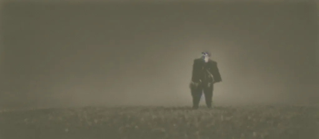 Image similar to circa 2 0 0 2 1 3 mm color film photograph of a clown in a field, liminal, dark pitch black, flash on, blurry, grainy, unsettling