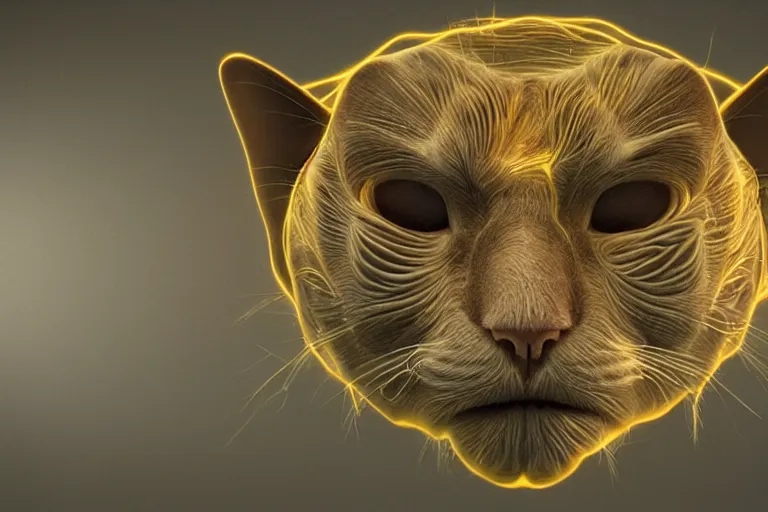 Image similar to An cat made of muscles and flesh, alex grey, ambient light, terror, glows, realistic, photo-realism, hyper realism, picture, detailed, 3D render, scary, distant shot, in the distance,