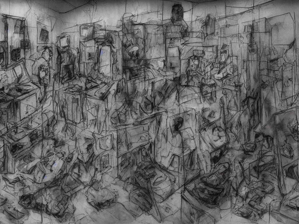 Prompt: “A spectral archive of an interrogation room in Guantanamo Bay detention center with military men and women facing, surrounding detainees, expressionist maleficent atmosphere, drawings on dirty walls, slack of papers, photographs hanging on a board, injustice, depredation, depravation, redacted, highly detailed, texturized, raw footage”