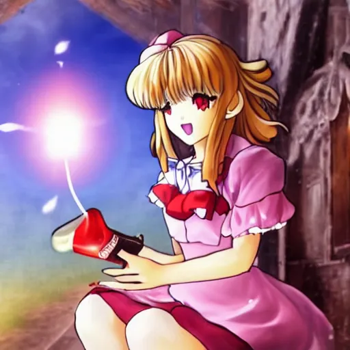 Image similar to Marisa from touhou drinks cola, anime screenchot