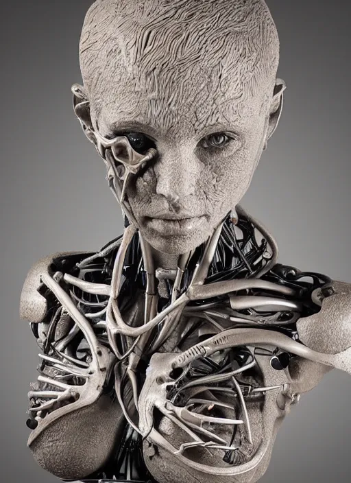 Prompt: a bust sculpture of anatomical female detailed cyborg, become human, ceramic base, orthographic, studio lighting