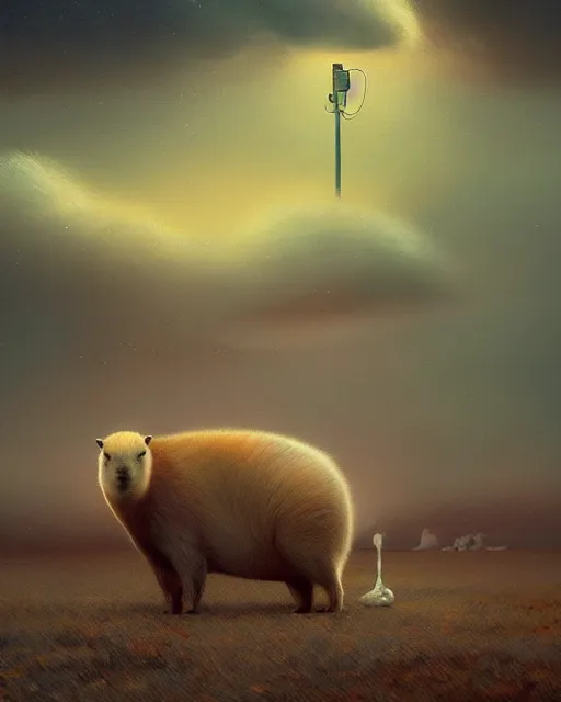 Image similar to white capybara at a cold tundra land, surreal photography, dramatic, impressionist painting, colorful clouds, digital painting, artstation, kilian eng, john harris, bastien lecouffe - deharme, simon stalenhag, flower face