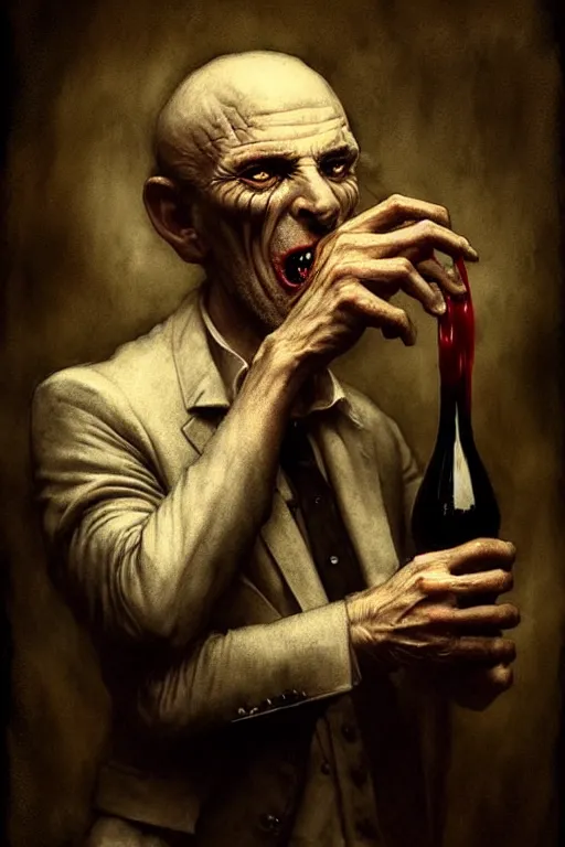 Prompt: old male vampire drinking red wine | esoteric symbolism | jean - baptiste monge, esao andrews, bastien lecouffe - deharme, tim jacobus, ken currie | ultra - detailed realism, soft cinematic lighting, hi - fructose, artstation, high - quality, ink watercolors wes anderson poster art