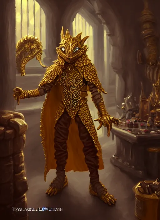 Image similar to a _ fantasy _ style _ portrait _ painting _ of a humanoid gold kobold male in wizard robes in a store selling things, oil _ painting _ unreal _ 5 _ daz. _ rpg _ portrait _ extremely _ detailed _ artgerm _ greg _ rutkowski _ greg