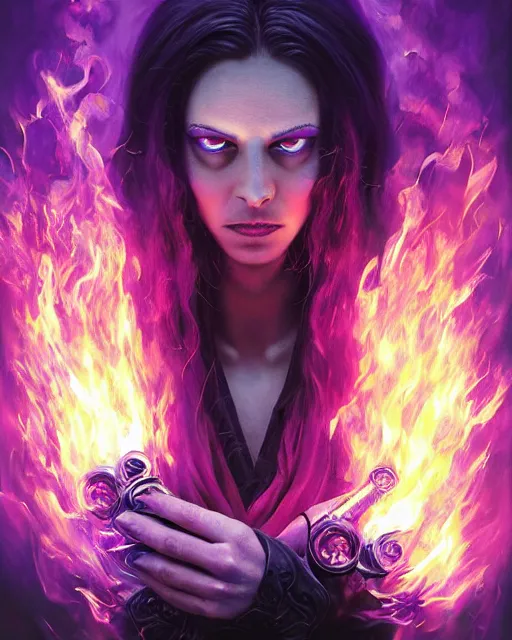 Image similar to pyromancer witch cover in purple flames, deep pyro colors, purple laser lighting, award winning photograph, radiant flares, realism, lens flare, intricate, various refining methods, micro macro autofocus, evil realm magic painting vibes, hyperrealistic painting by michael komarck - daniel dos santos