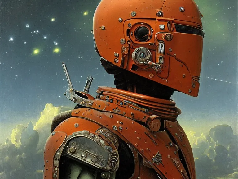 Image similar to a detailed profile oil painting of a bounty hunter in armour and visor, cinematic sci-fi poster. technology flight suit, bounty hunter portrait symmetrical and science fiction theme with lightning, aurora lighting clouds and stars. Clean and minimal design by beksinski carl spitzweg and tuomas korpi. baroque elements. baroque element. intricate artwork by caravaggio. Trending on artstation. 8k