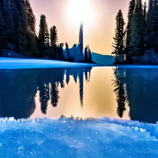 Image similar to abstract ice sculpture of a nebula hovering above a clear blue lake in a clearing in the middle of an evergreen forest at dawn