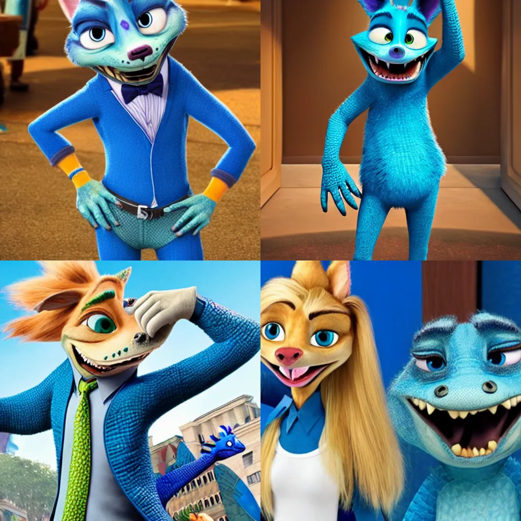 Prompt: anthropomorphic blue alligator with blonde hair from Zootopia