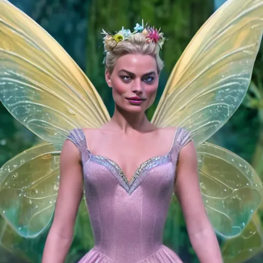 Image similar to margot robbie as a beautiful fairy, 8 k resolution hyperdetailed photo realistic, extremely high quality and life like