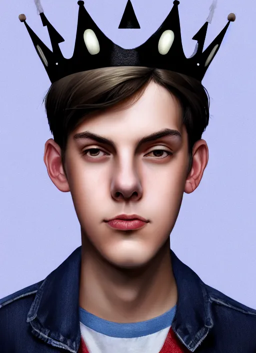 Image similar to portrait of teenage jughead jones wearing a light grey crown, crown, hamburger background, eyes closed, crown, black hair, intricate, elegant, glowing lights, warm lighting, highly detailed, digital painting, artstation, concept art, smooth, sharp focus, illustration, art by wlop, mars ravelo and greg rutkowski