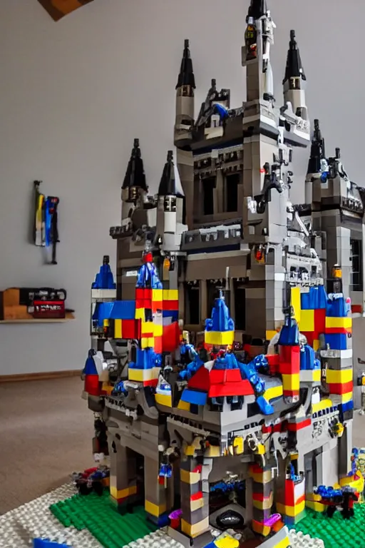 Prompt: a gopro shot from within a lego castle