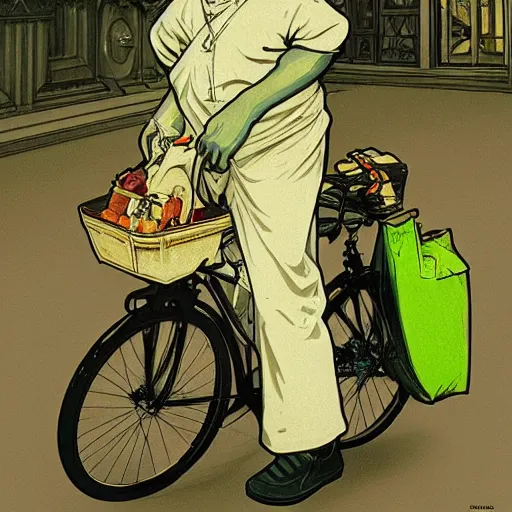 Image similar to a uber eats delivery guy with a green bag on his back, peddling his bicycle, 30mm, by alphonse mucha, artgerm, H R Giger, trending on ArtStation, deviantart, high detail, stylized portrait