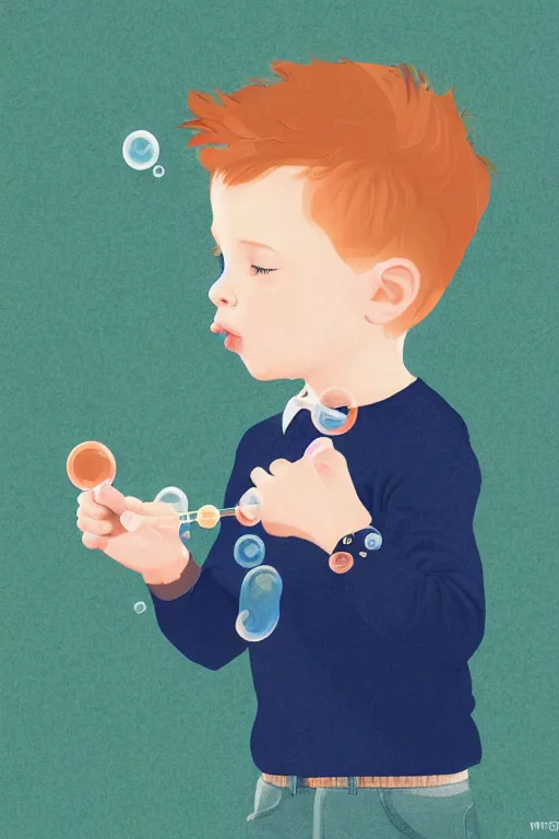 Image similar to a little boy with ginger hair blowing bubbles. clean elegant simple illustration, beautiful detailed face.