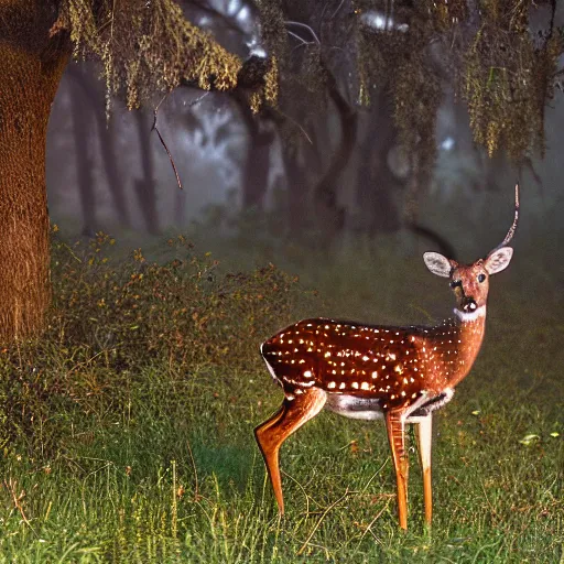 Image similar to a beautiful spotted deer in the woods lit by the morning sky, sunrise, chital, photorealistic, by annie leibovitz and steve mccurry, natural light, canon eos c 3 0 0, ƒ 1. 8, 3 5 mm, 8 k, medium - format print