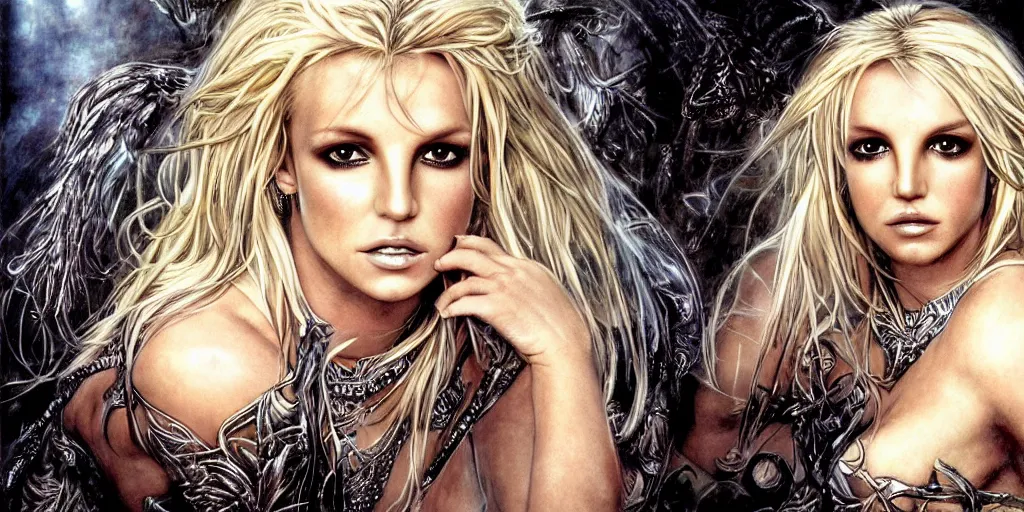 Image similar to Britney Spears as a beautiful blonde goddess, fantasy, portrait, sharp focus, intricate, elegant, illustration, ambient lighting, art by Luis Royo