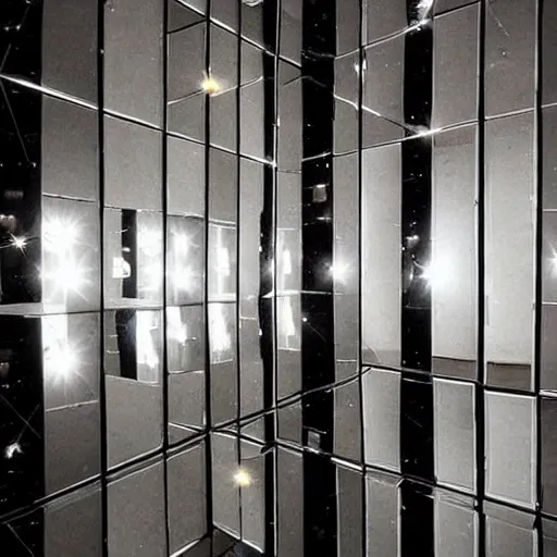 Image similar to a mirror room, full of mirrors, dark, small glimpse of a moon light