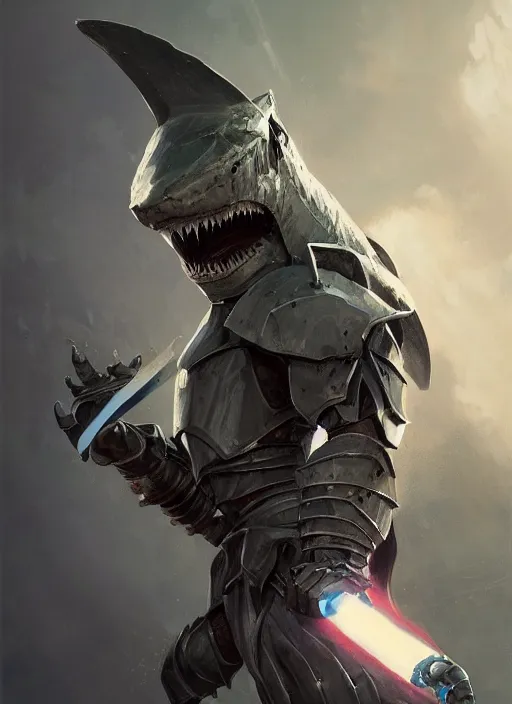 Image similar to portrait of a humanoid shark in knight armor holding a lightsaber, fantasy, d & d, heartstone, digital painting, volumetric light, intricate, sharp, focus, bloom, illustration, highly detailed, concept art, matte, ruan jia, randy vargas, greg rutkowski