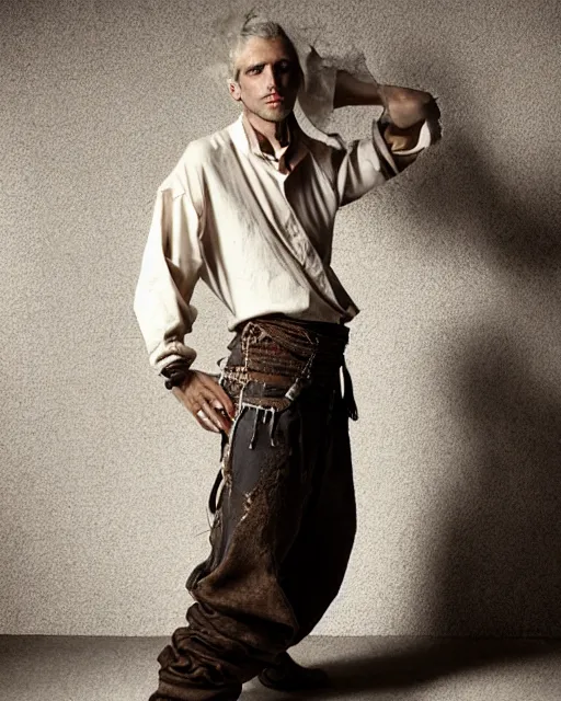 Prompt: an award - winning photo of an ancient male model wearing a boot cut flared distressed medieval designer menswear trousers designed by kapital, 4 k, studio lighting, wide angle lens, 2 0 0 4