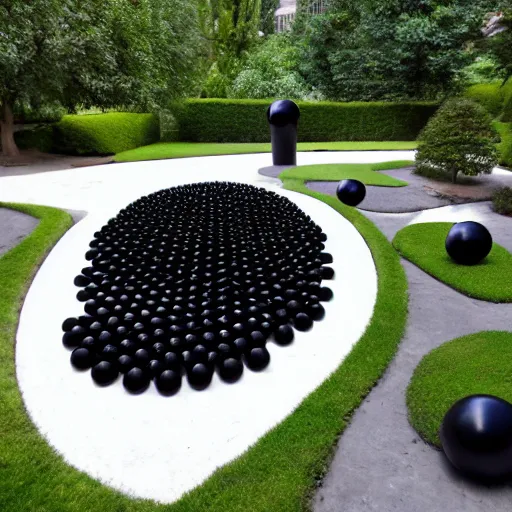 Prompt: : sculpture garden with black spheres carved with white patterns