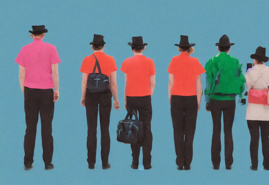 Image similar to full body portrait of a trio of european tourists with nikon cameras, rear views, character designs painting, in the style of wes anderson, rene magritte, lola dupre, david hockney, isolated on white background, dark monochrome neon spraypaint accents volumetric octane render