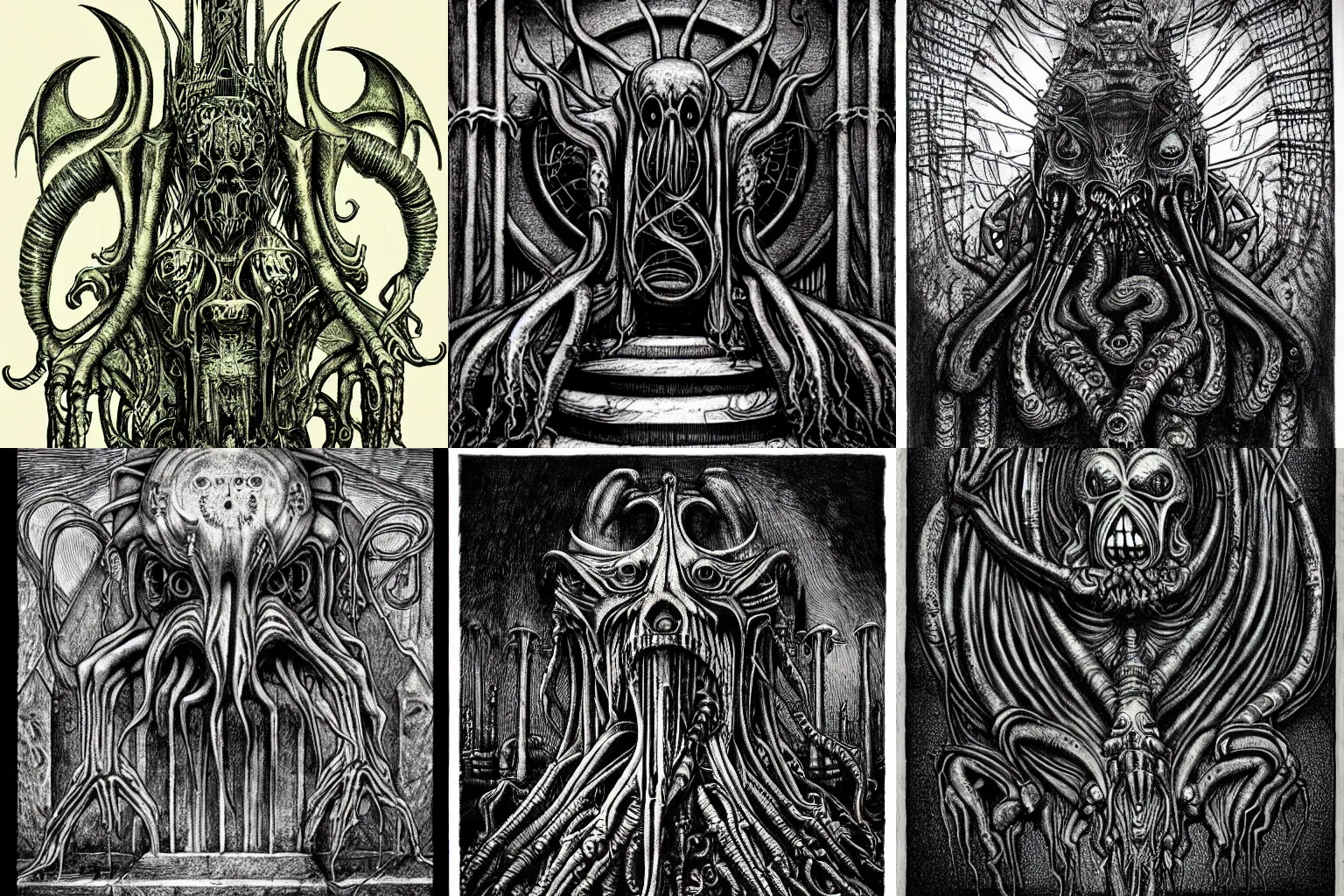 Prompt: a cthulhu temple designed by h.r. giger, madness creeping in the corners, creepy, etching, highly detailed