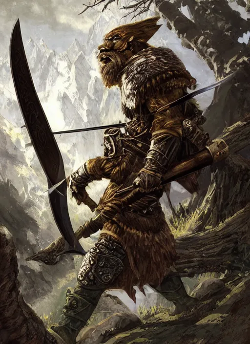 Image similar to strong young man, photorealistic bugbear ranger holding aflaming sword, black beard, dungeons and dragons, pathfinder, roleplaying game art, hunters gear, jeweled ornate leather and steel armour, concept art, character design on white background, by alan lee, norman rockwell, makoto shinkai, kim jung giu, poster art, game art