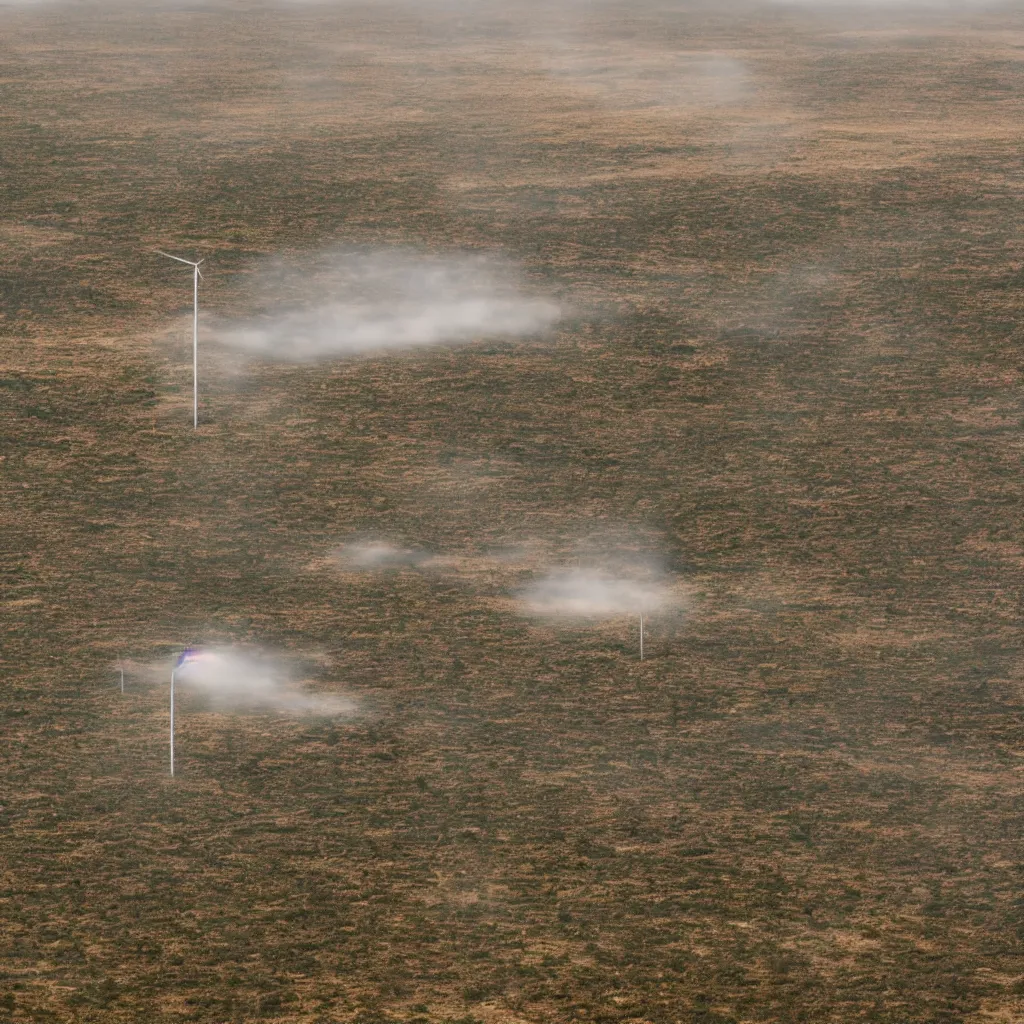 Prompt: rectangular fog fence rippling in the wind hanging from two towers in the australian outback