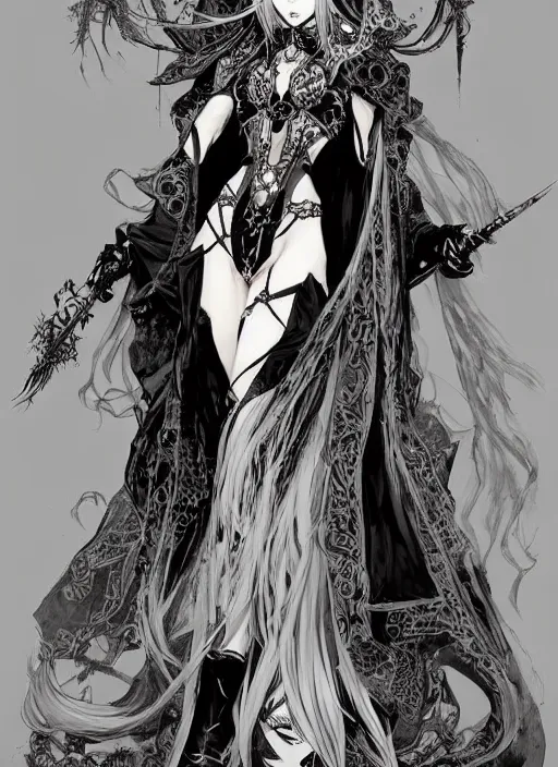 Image similar to beautiful human witch with blonde long straight hair in intricate ornate witch robe, haughty evil look, witch hat. in style of yoji shinkawa and hyung - tae kim, trending on artstation, dark fantasy, great composition, concept art, highly detailed, dynamic pose.