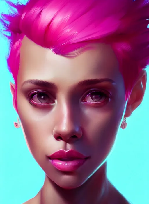 Image similar to portrait of vanessa morgan with bright pink hair, curly pixie cut hair, intricate, elegant, glowing lights, highly detailed, digital painting, artstation, concept art, smooth, sharp focus, illustration, art by wlop, mars ravelo and greg rutkowski