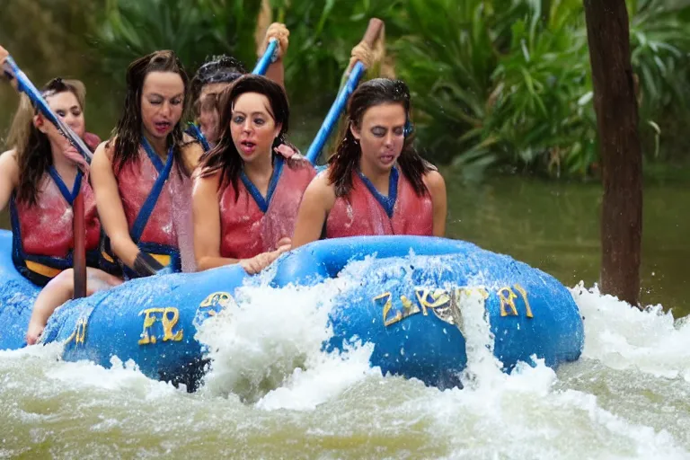 Image similar to Aubrey Plaza at Disney World riding Kali River Rapids, soaked, streaked makeup, deadpan, 8k detailed photo