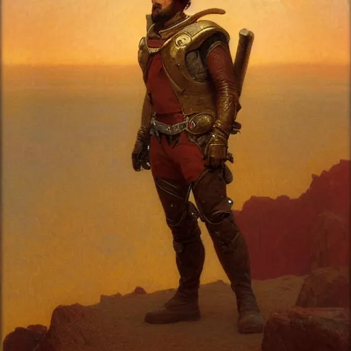 Image similar to handsome man adventurer standing on mars, epic scale, artstation, vast, oil painting, gaston bussiere, mucha, gerome,