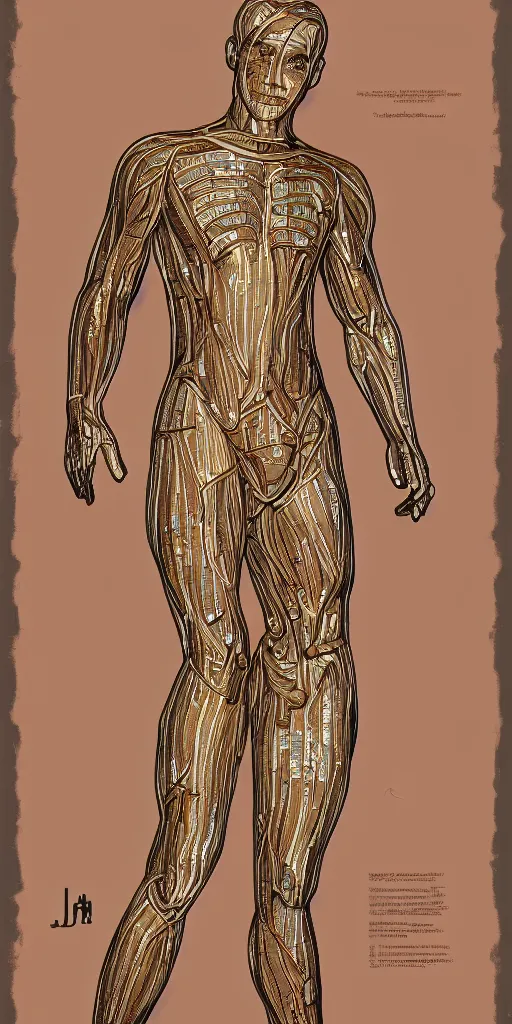 Image similar to whole undistorted human body with thin golden lines transparent crystals and _ textiles pinup _ poster _ of _ the _ pale _ blond _ androgynous soldier lucius _ by j c