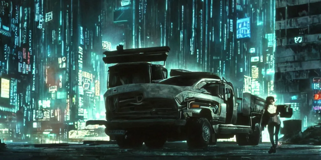Image similar to at night, a white teenage girl with a pixie haircut in an oversized man's jacket hangs onto back door of a giant truck as it drives towards the factory district : a still from a sci - fi dystopian cyberpunk film by steven spielberg from 1 9 8 0 s, shot on 3 5 mm film by janusz kaminski