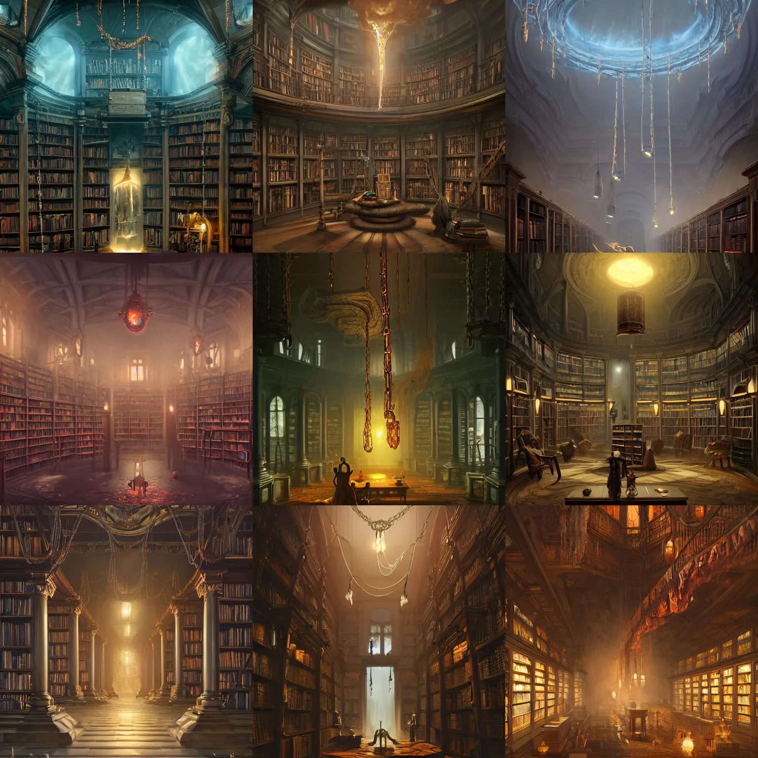 Prompt: beautiful victorian library with large pillars, lava streams, magma cascades, hanging drapery, chains hanging from ceiling, light dust, by peter mohrbacher dan mumford craig mullins nekro, cgsociety, pixiv, volumetric light, 3 d render