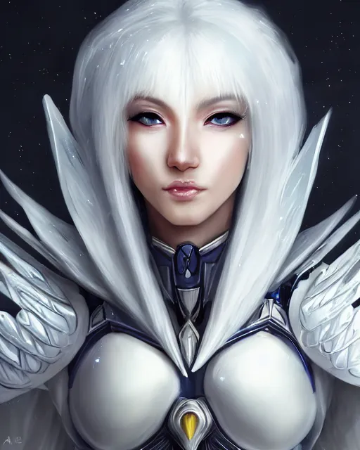 Image similar to perfect white haired attractive egyptian goddess with huge white dove wings, warframe armor, beautiful, symmetric, dreamy, half asian, pretty face, blue eyes, detailed, scifi platform, laboratory, experiment, 4 k, ultra realistic, epic lighting, android body, illuminated, cinematic, masterpiece, art by akihito tsukushi, voidstar