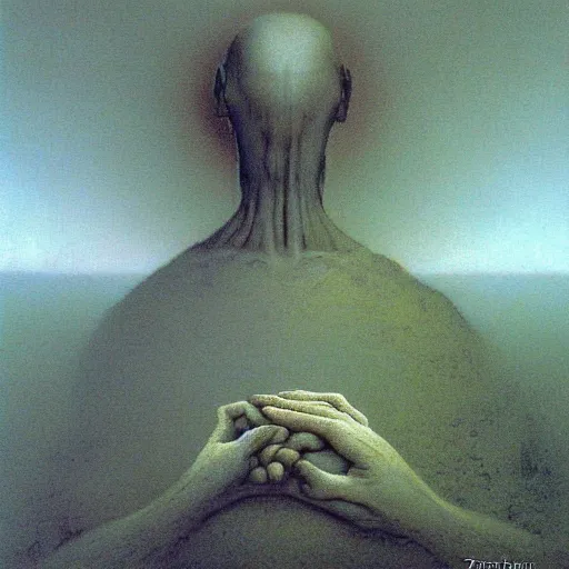 Prompt: god talking to his creation by zdzislaw beksinski