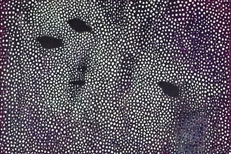 Image similar to face made out of space, faceless people dark, dots, drip, stipple, pointillism, technical, abstract, minimal, style of francis bacon, asymmetry, pulled apart, cloak, hooded figure, made of dots, abstract, balaclava, colored dots