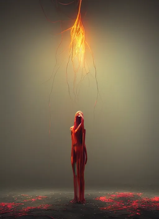 Prompt: rgb, woman, bedroom full of fire, wearing flowers, rage, cinematic, movie scene, inspired by zdzislaw beksinski, clothes made out of veins,, cables everywhere, bedroom, ultra realistic, concept art, intricate details, highly detailed, photorealistic, octane render, 8 k