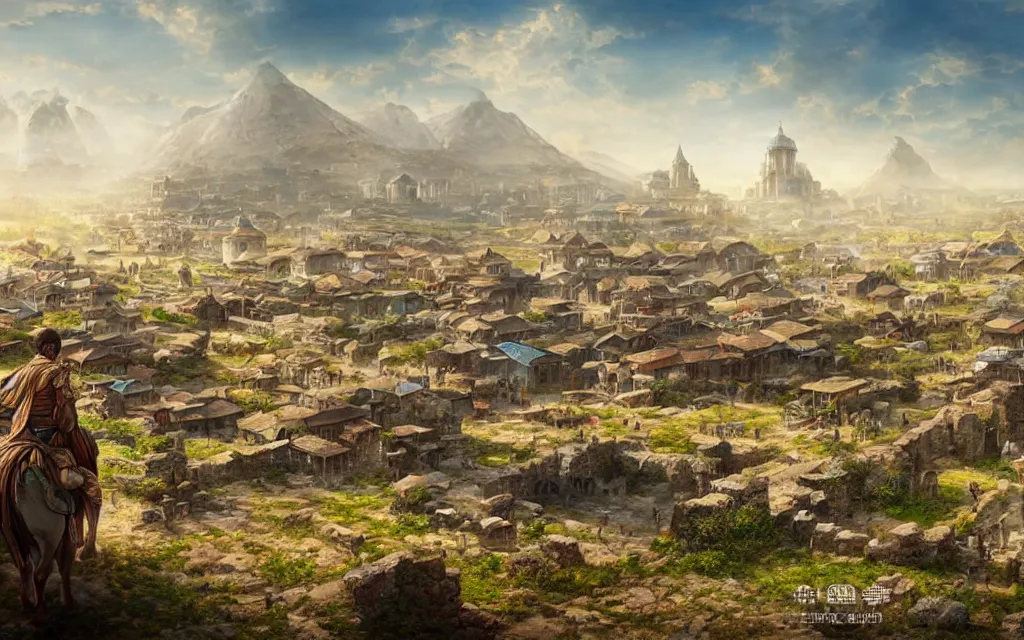 Image similar to a lively ancient city in the open eurasian steppes, beautiful spring view, matte painting, highly detailed, sharp